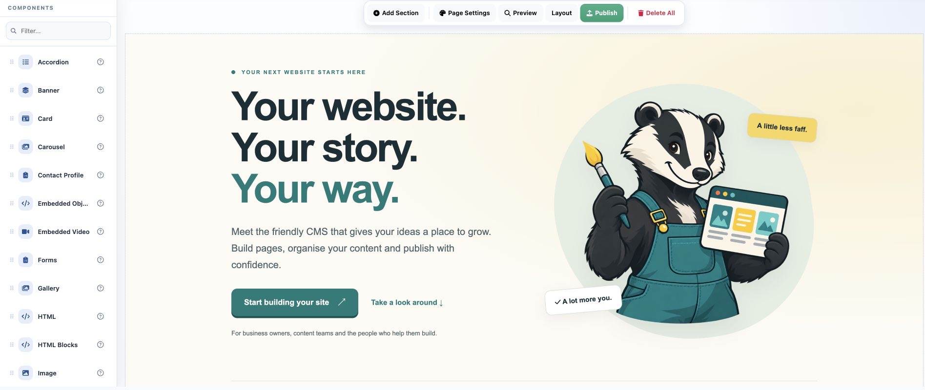 SmoothBadger Sites visual designer with a component library and page preview